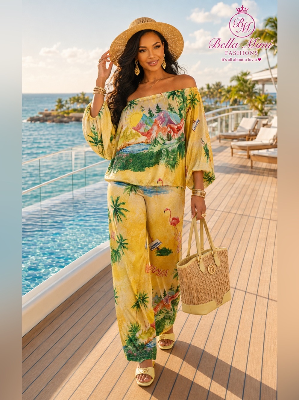 NWT Endless Moon Tropical Scenic Off the-Shoulder pant set size M 🌴 BRB SL 2